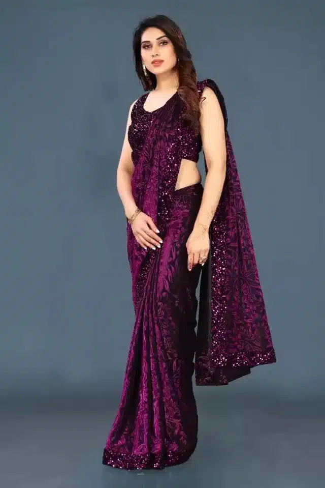 Hanira - Lycra Sequence Saree for Women (Purple, 6.3 m)