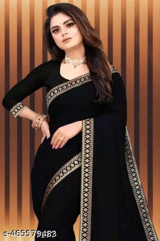 Hanira - Lycra Blend Solid Saree for Women (Black, 6.3 m)