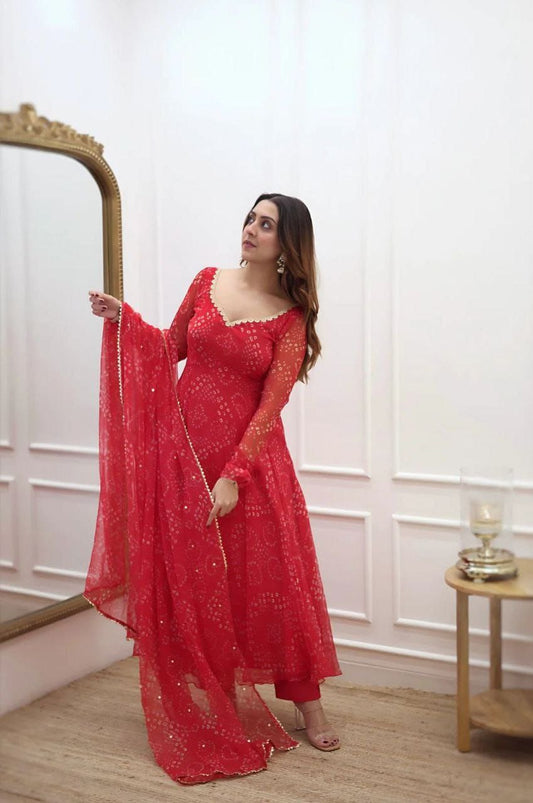 Hanira - Women'S Red Bandhani Styles Gown