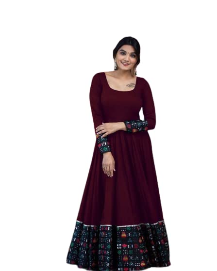 Hanira - Women's Rayon Solid Pattern Full Sleeve Full Stitched Gown
