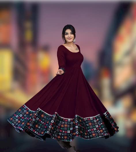 Hanira - Women's Rayon Solid Pattern Full Sleeve Full Stitched Gown