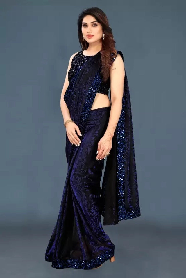 Hanira - Lycra Blend Solid Saree for Women (Navy Blue, 6.3 m)
