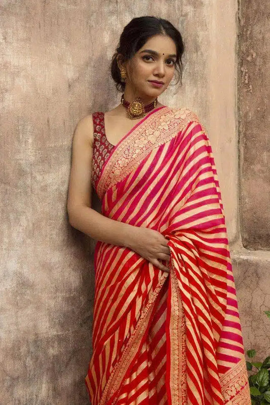 Hanira - Jacquard Striped Saree for Women (Red, 6.3 m)