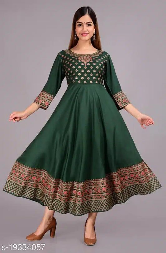 Hanira - Rayon Printed Anarkali Kurti for Women (Green)