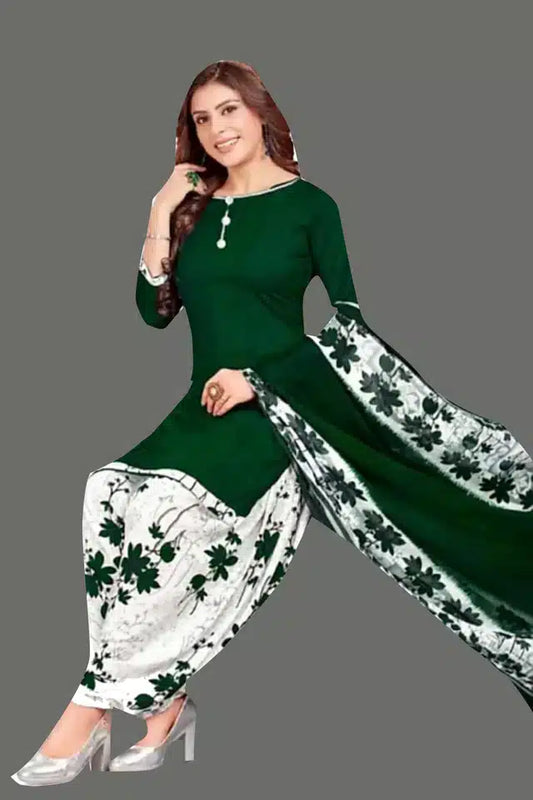 Hanira - Crepe Printed Dress Material for Women & Girls (White & Green)