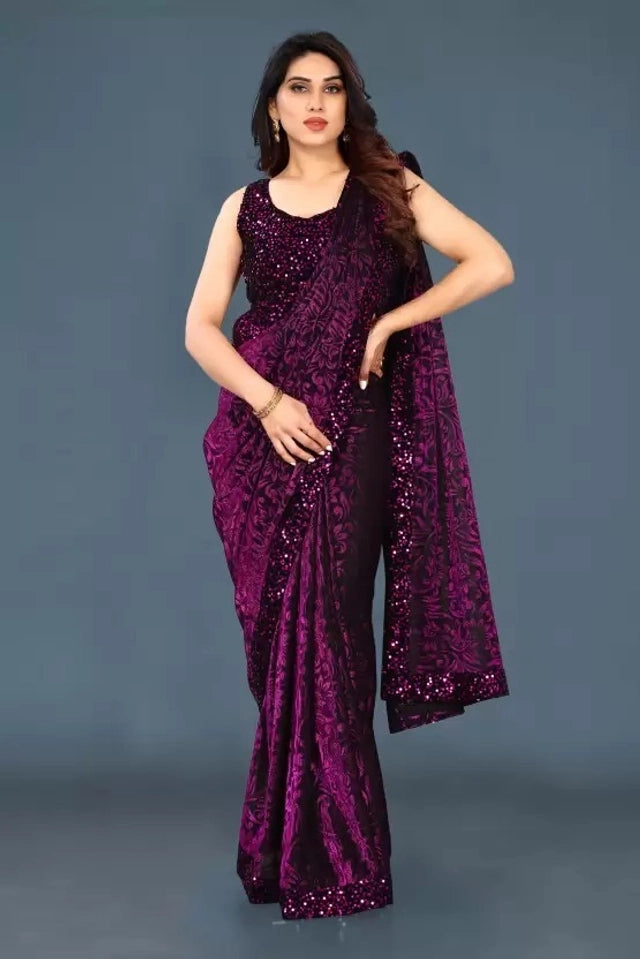 Hanira - Lycra Blend Solid Saree for Women (Navy Blue, 6.3 m)