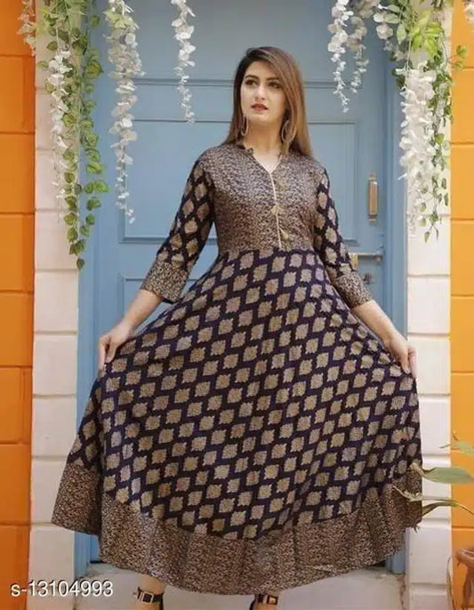 Hanira  Printed Anarkali Kurti for Women (Navy Blue)