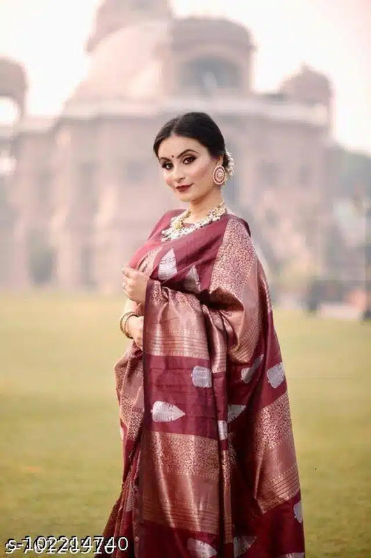 Hanira - Art Silk Saree With Blouse For Women (Dark Red, 6.3M)