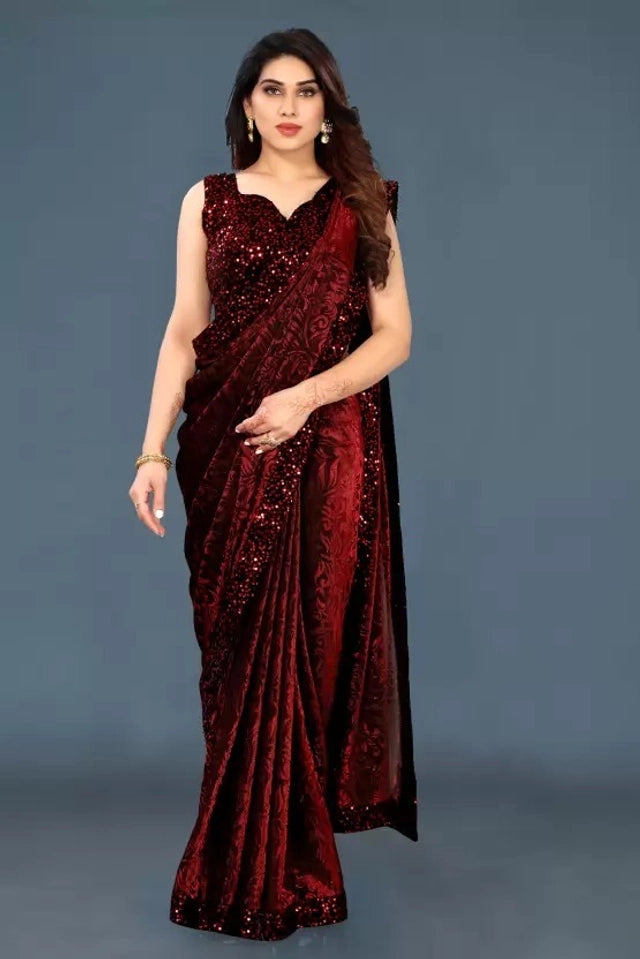 Hanira - Lycra Blend Solid Saree for Women (Navy Blue, 6.3 m)