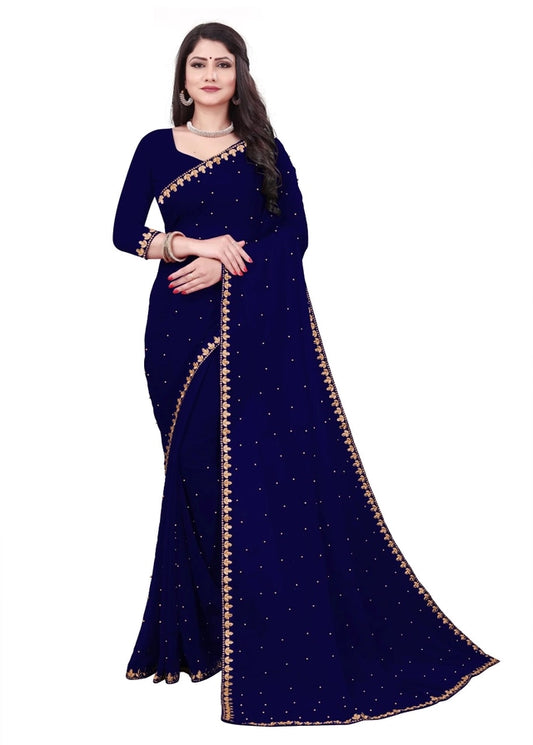 Hanira - Lycra Blend Solid Saree for Women (Navy Blue, 6.3 m)