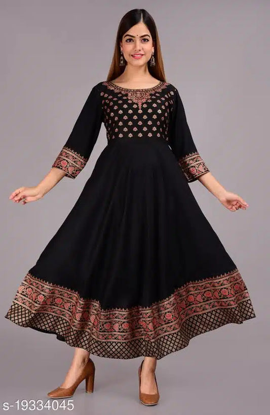 Hanira - Rayon Printed Anarkali Kurti for Women (Black, S)
