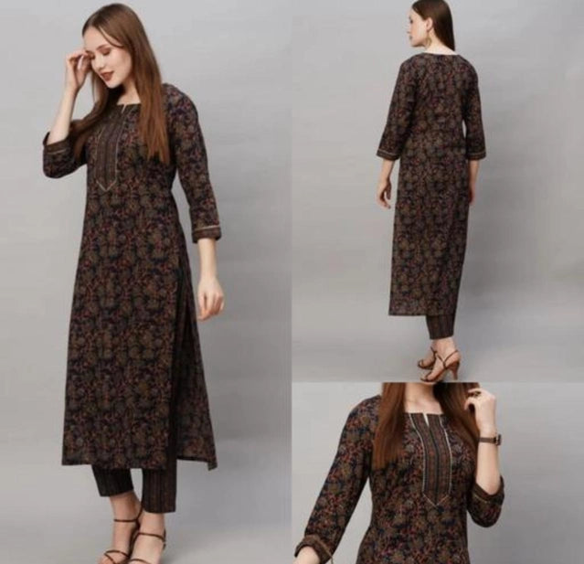 Hanira - Cotton Blend Printed Kurti with Pant for Women (Multicolor, S)