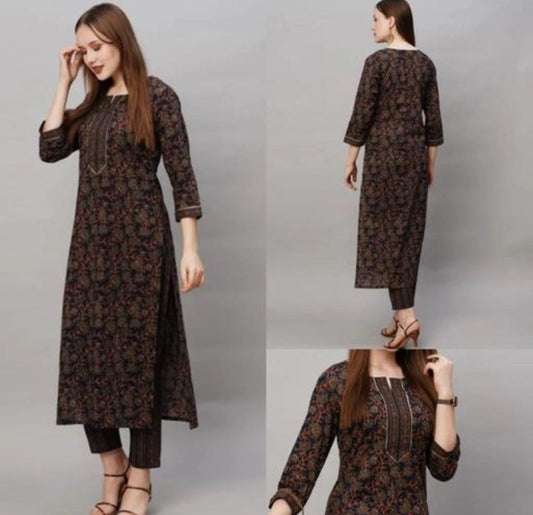 Hanira - Cotton Blend Printed Kurti with Pant for Women (Multicolor, S)
