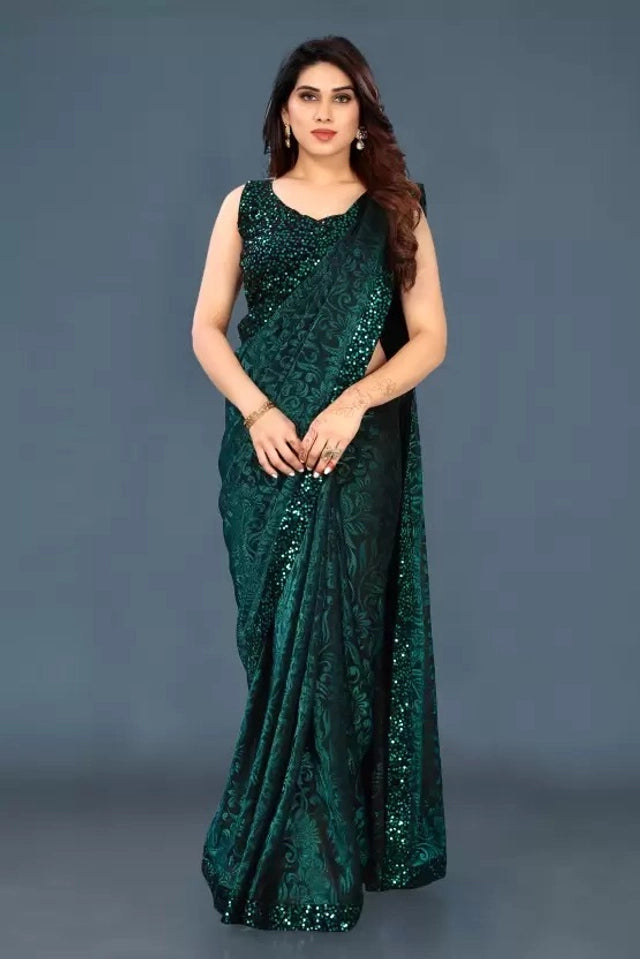 Hanira - Lycra Blend Solid Saree for Women (Navy Blue, 6.3 m)