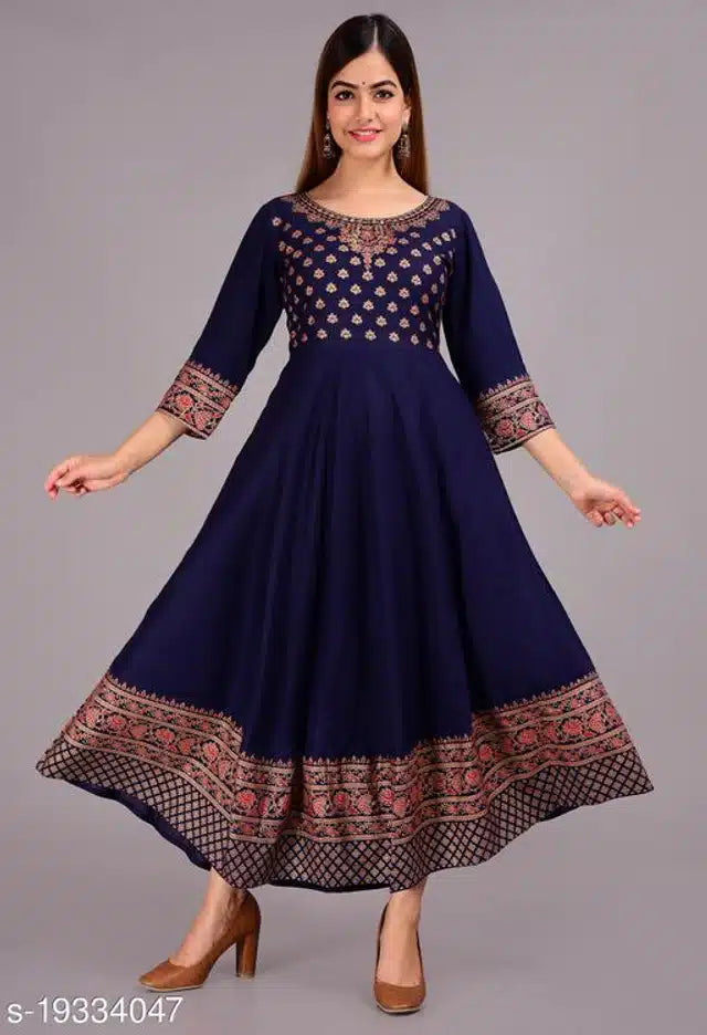 Hanira - Rayon Printed Anarkali Kurti for Women (Blue)
