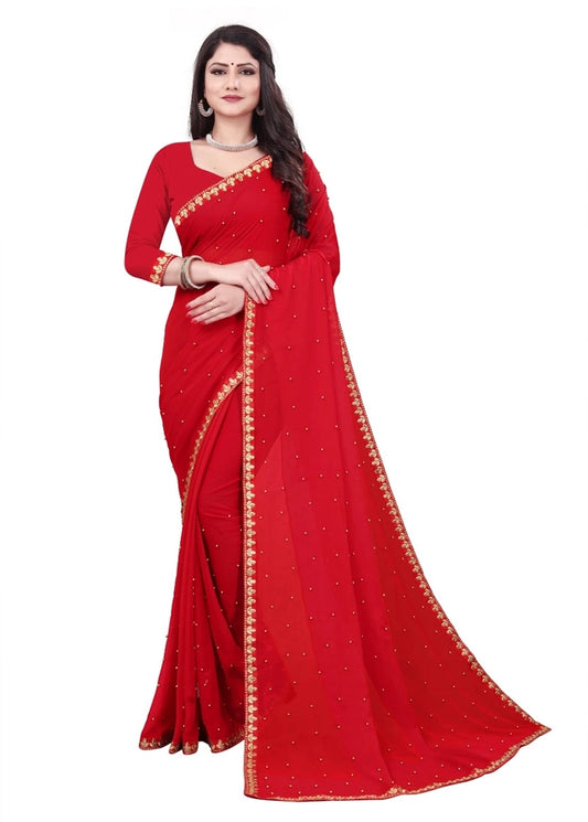 Hanira - Lycra Blend Solid Saree for Women (Red, 6.3 m)