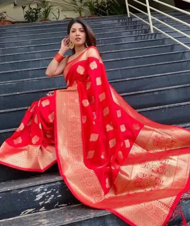 Hanira - Jacquard Printed Saree for Women (Red, 6.3 m)